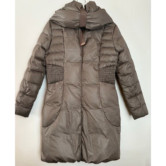 Tahari Coat Womens S Duck Down Long Zip Front Chocolate Brown Puffer Hooded - Picture 4 of 6